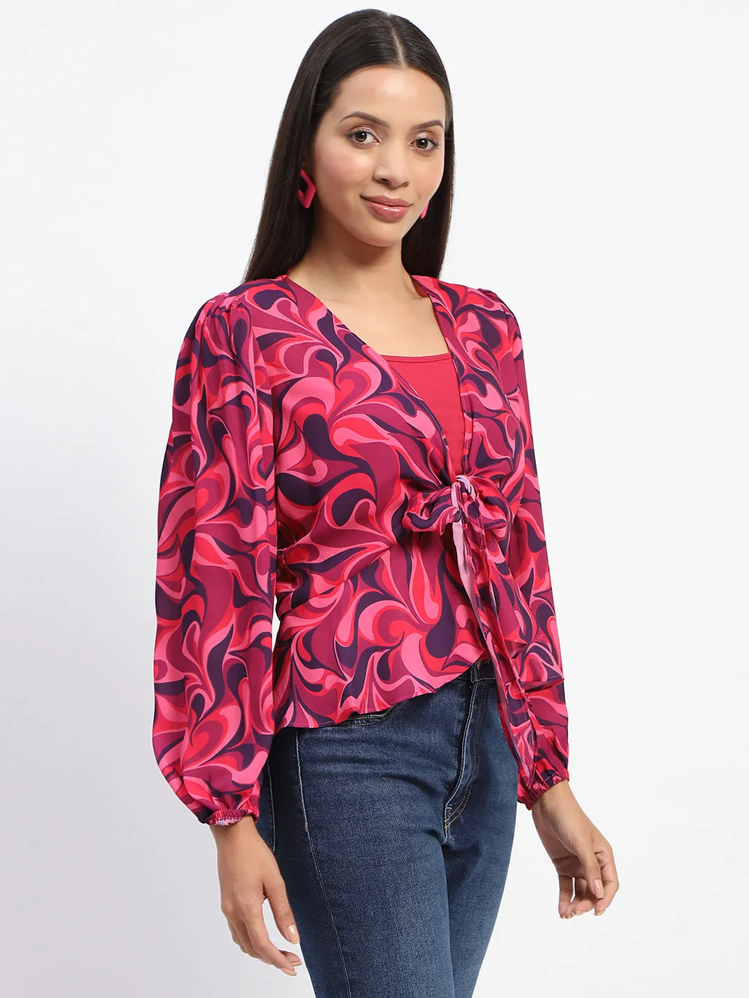 Madame Abstract Print Tie Front Pink Top