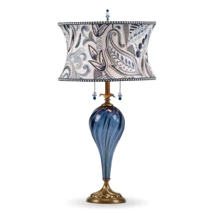 Madison Table Lamp 171 K 149 by Kinzig Design, Colors Blue Blown Glass, Blue and White Embroidered Shade