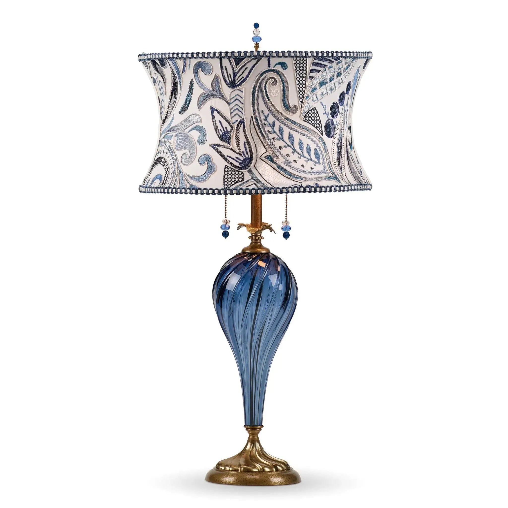 Madison Table Lamp 171 K 149 by Kinzig Design, Colors Blue Blown Glass, Blue and White Embroidered Shade
