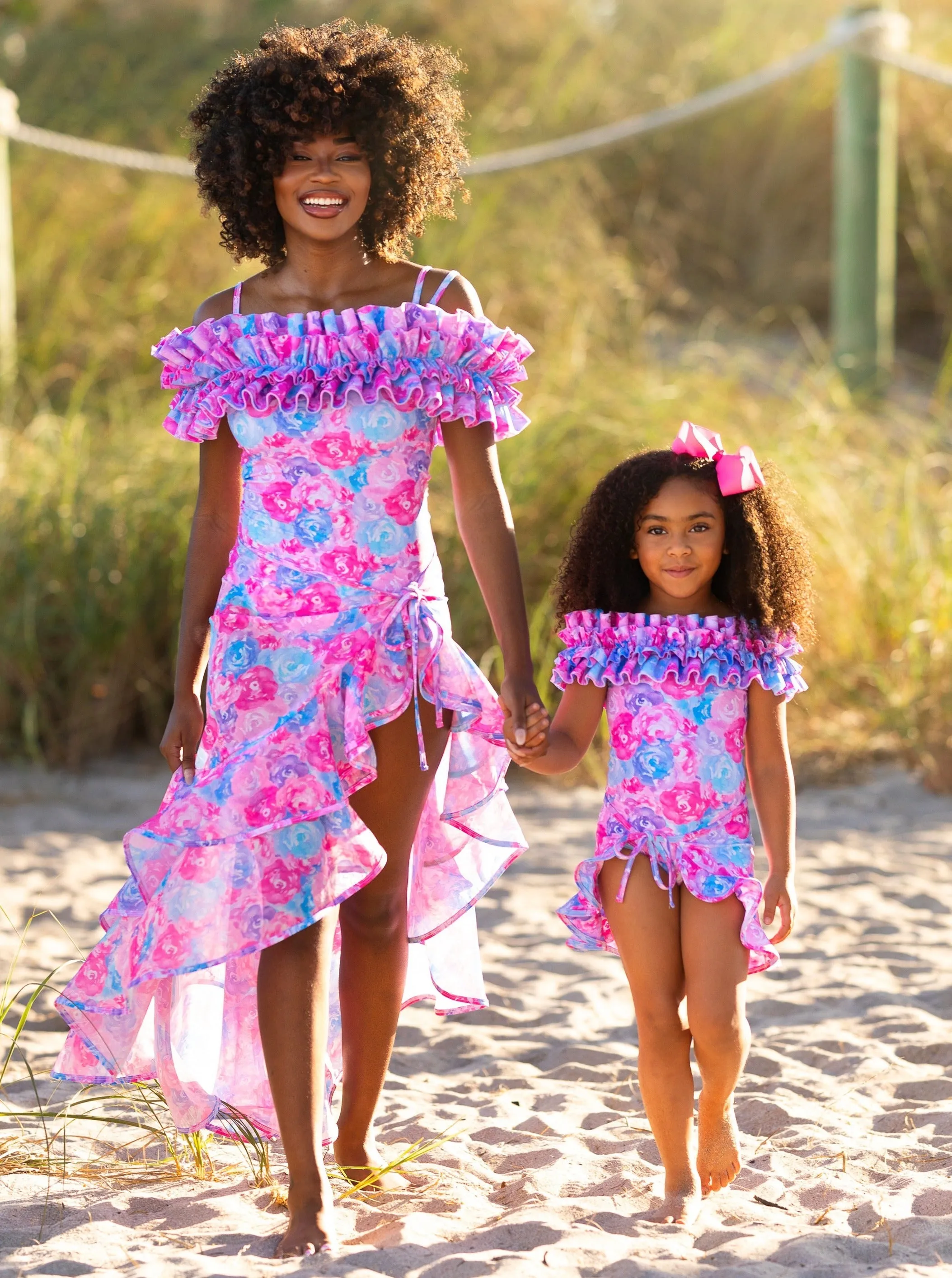 Mommy And Me Watercolor Blooms Ruffle Shoulder One Piece Swimsuit
