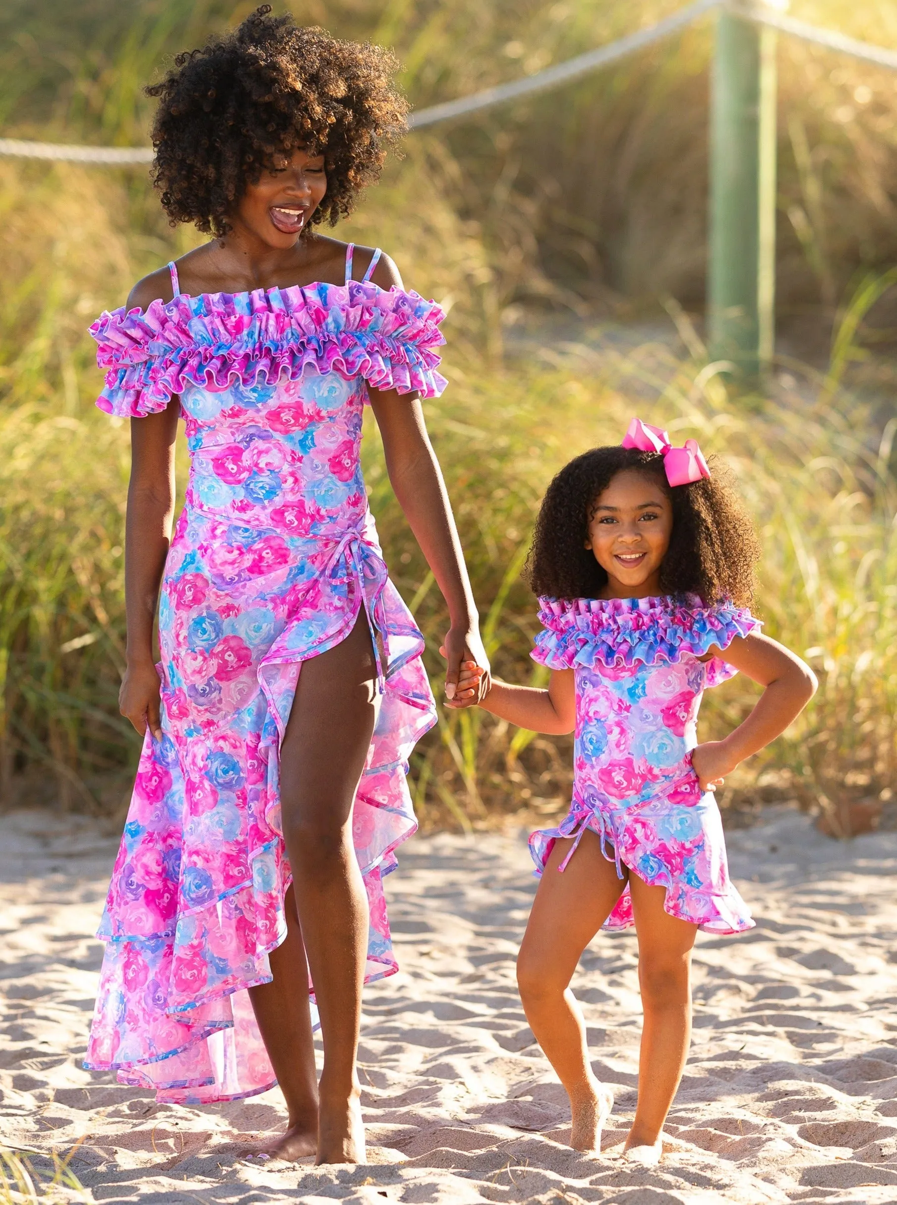 Mommy And Me Watercolor Blooms Ruffle Shoulder One Piece Swimsuit