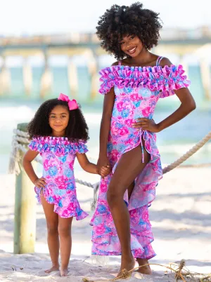 Mommy And Me Watercolor Blooms Ruffle Shoulder One Piece Swimsuit