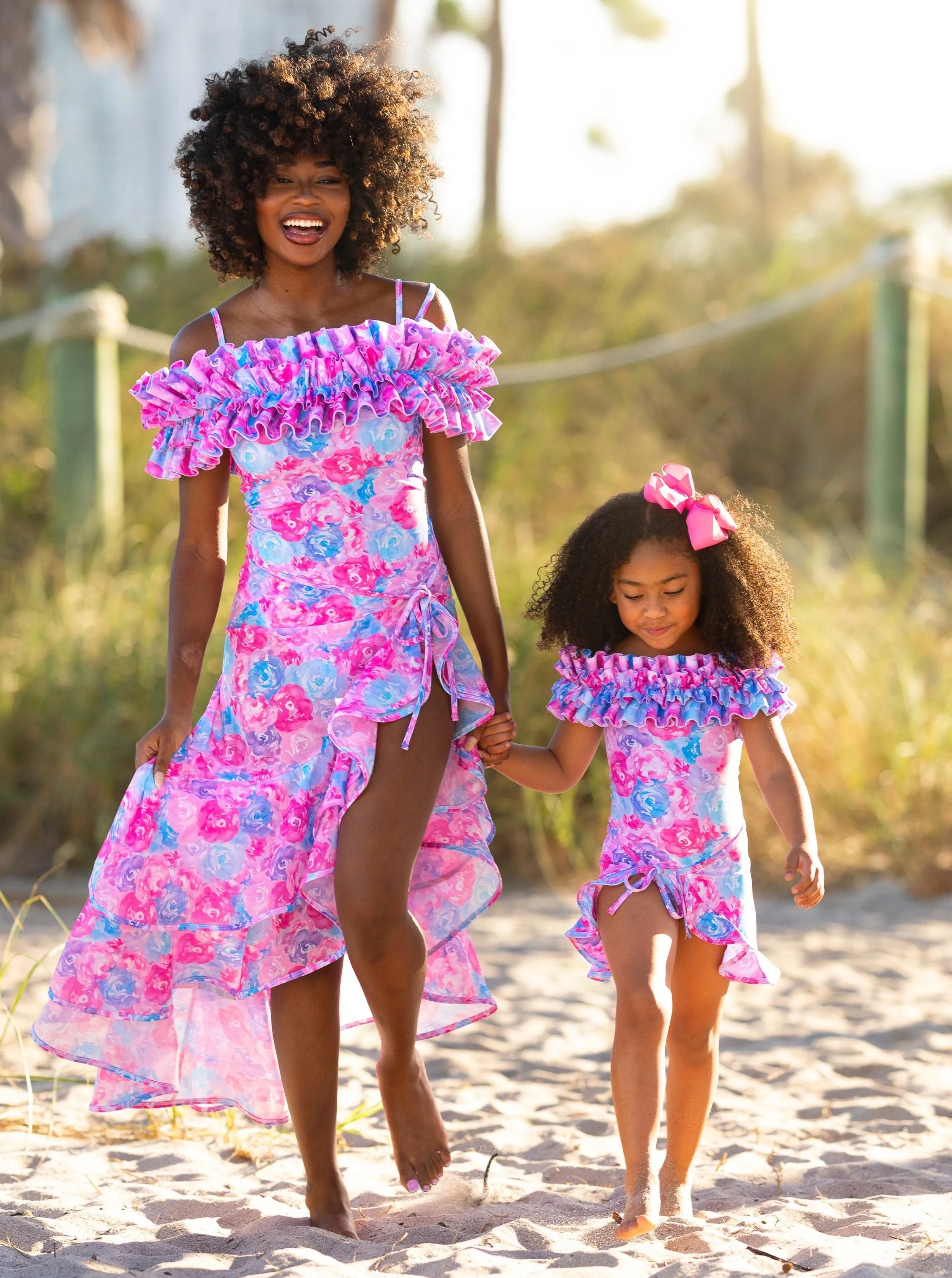 Mommy And Me Watercolor Blooms Ruffle Shoulder One Piece Swimsuit