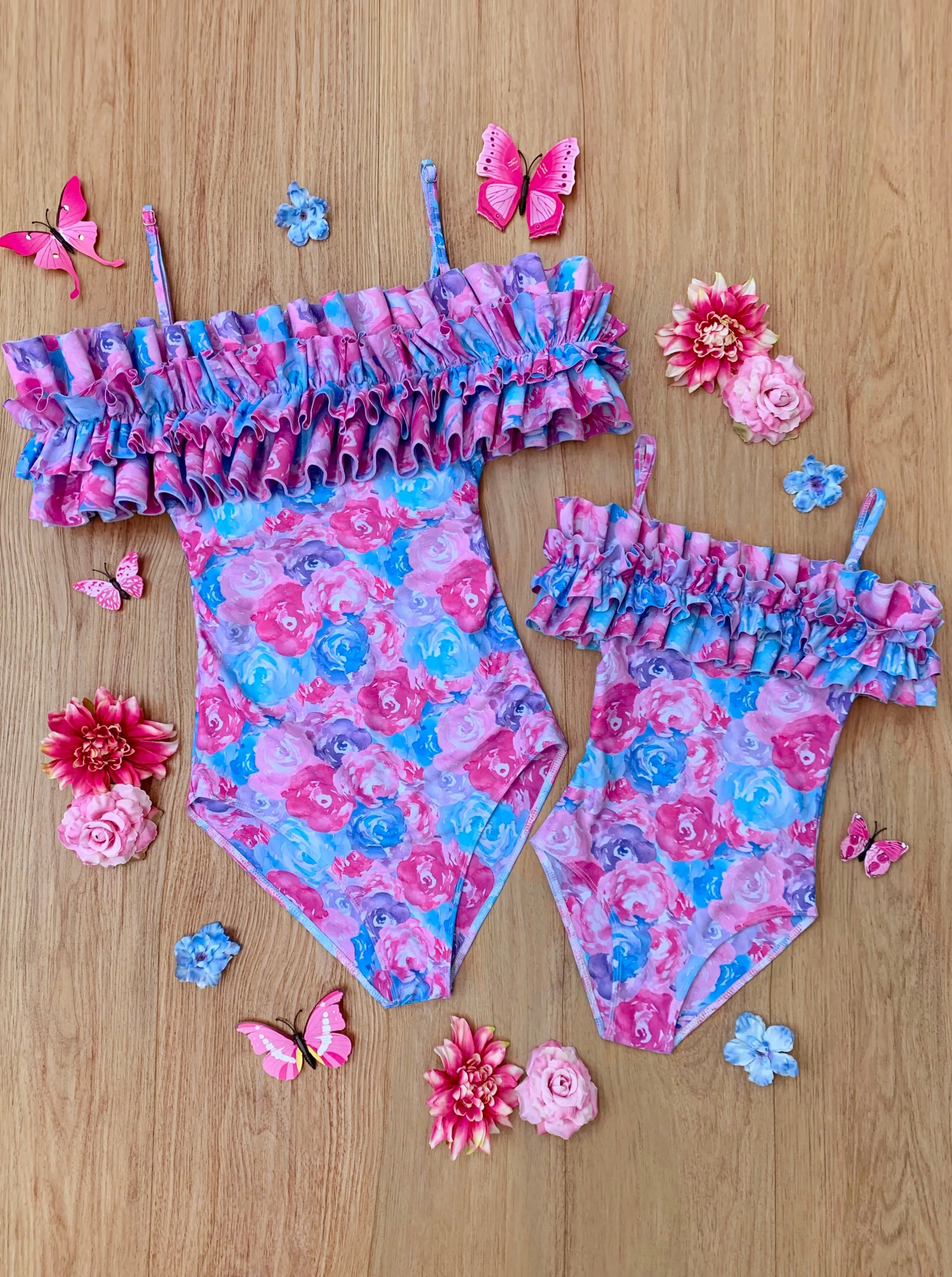 Mommy And Me Watercolor Blooms Ruffle Shoulder One Piece Swimsuit