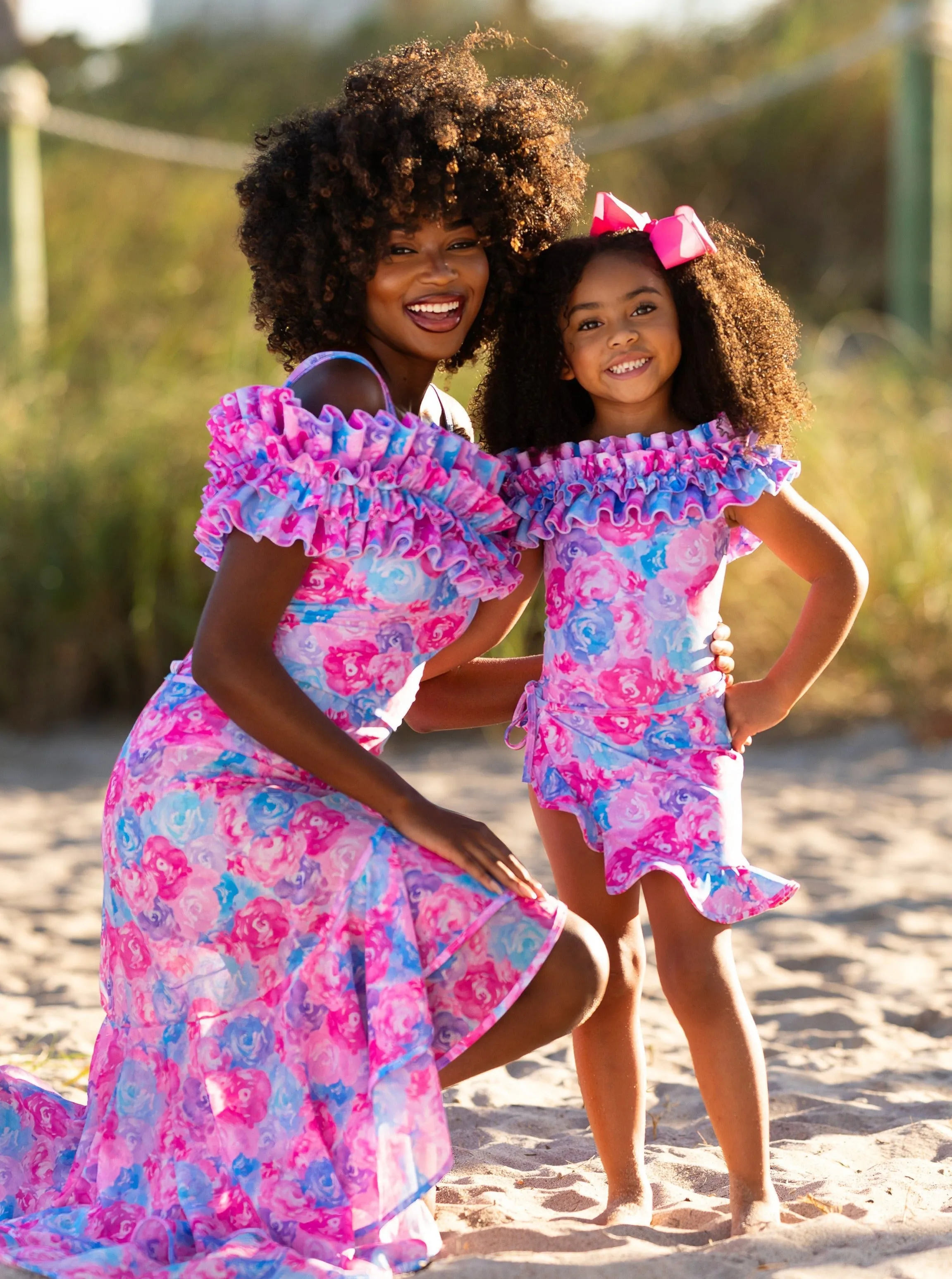 Mommy And Me Watercolor Blooms Ruffle Shoulder One Piece Swimsuit