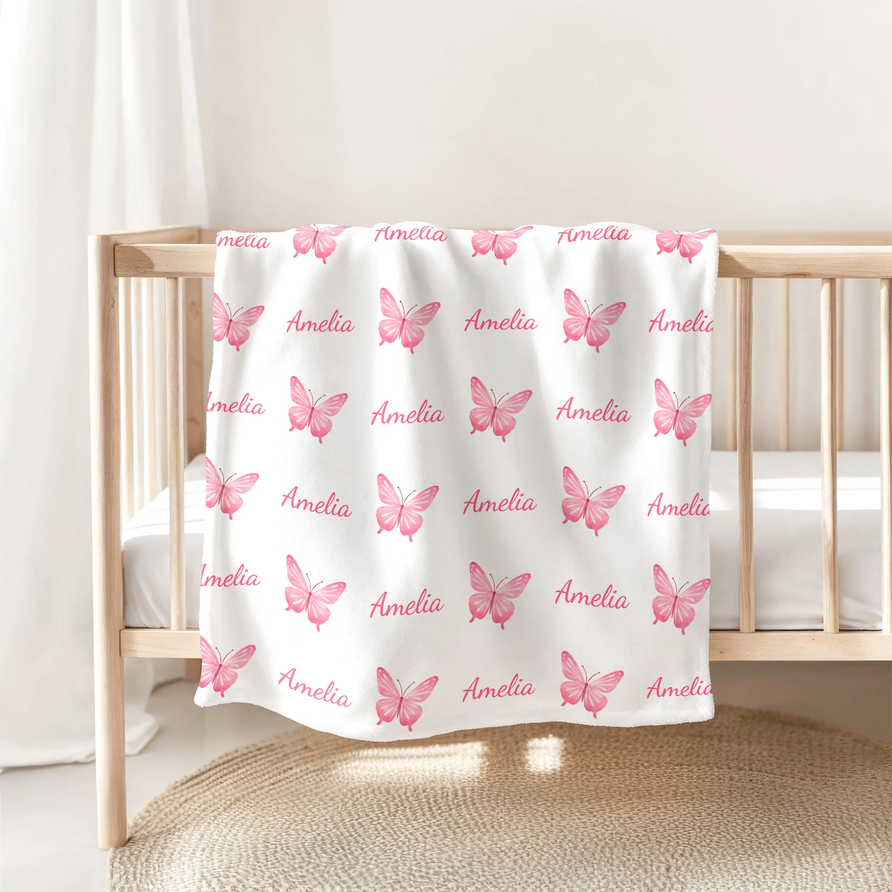 Personalized Pink Butterfly Baby Name Blanket