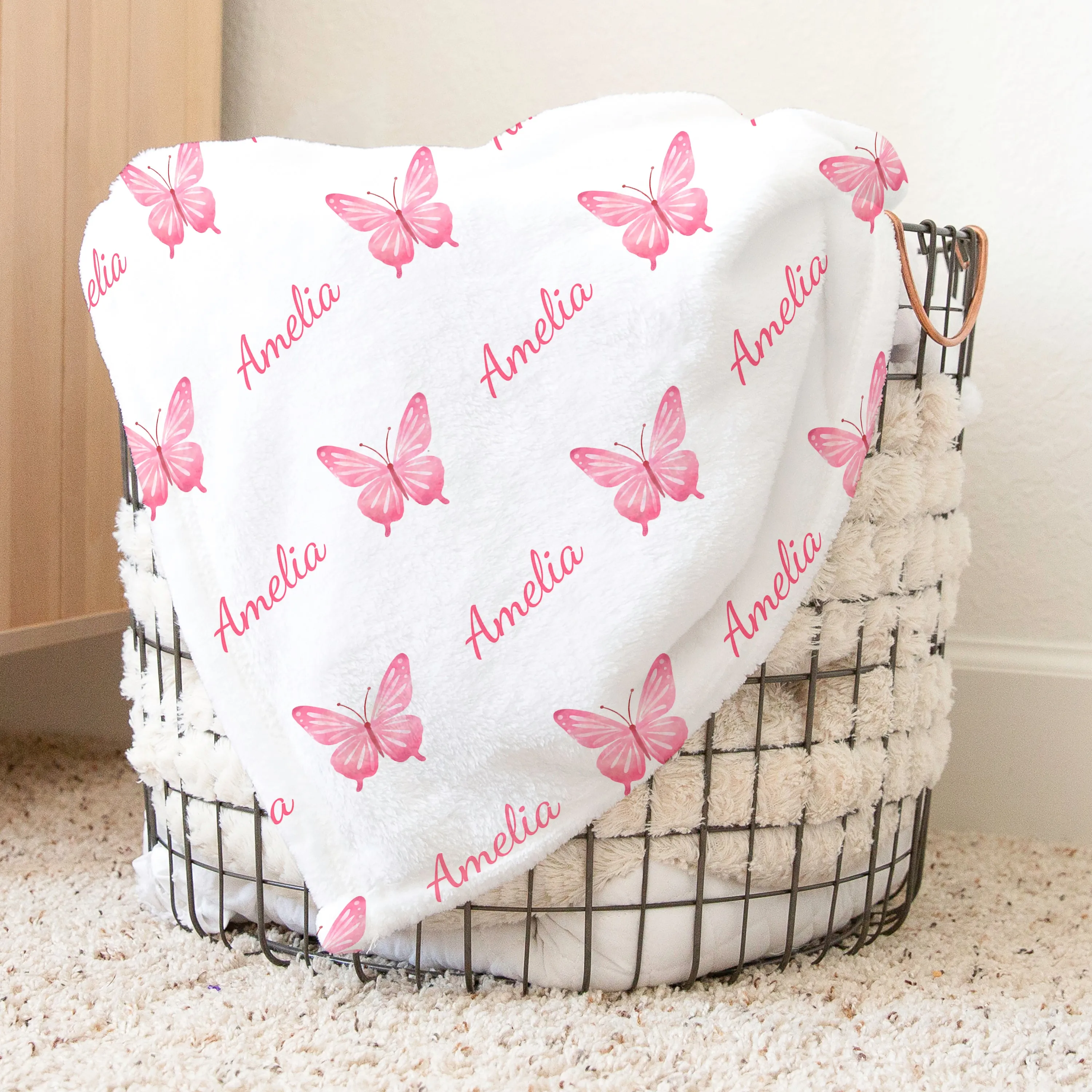 Personalized Pink Butterfly Baby Name Blanket