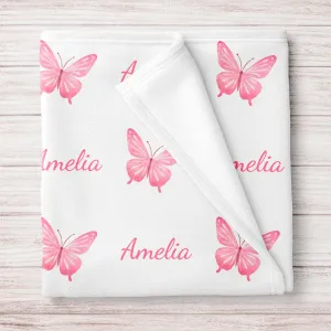 Personalized Pink Butterfly Baby Name Blanket