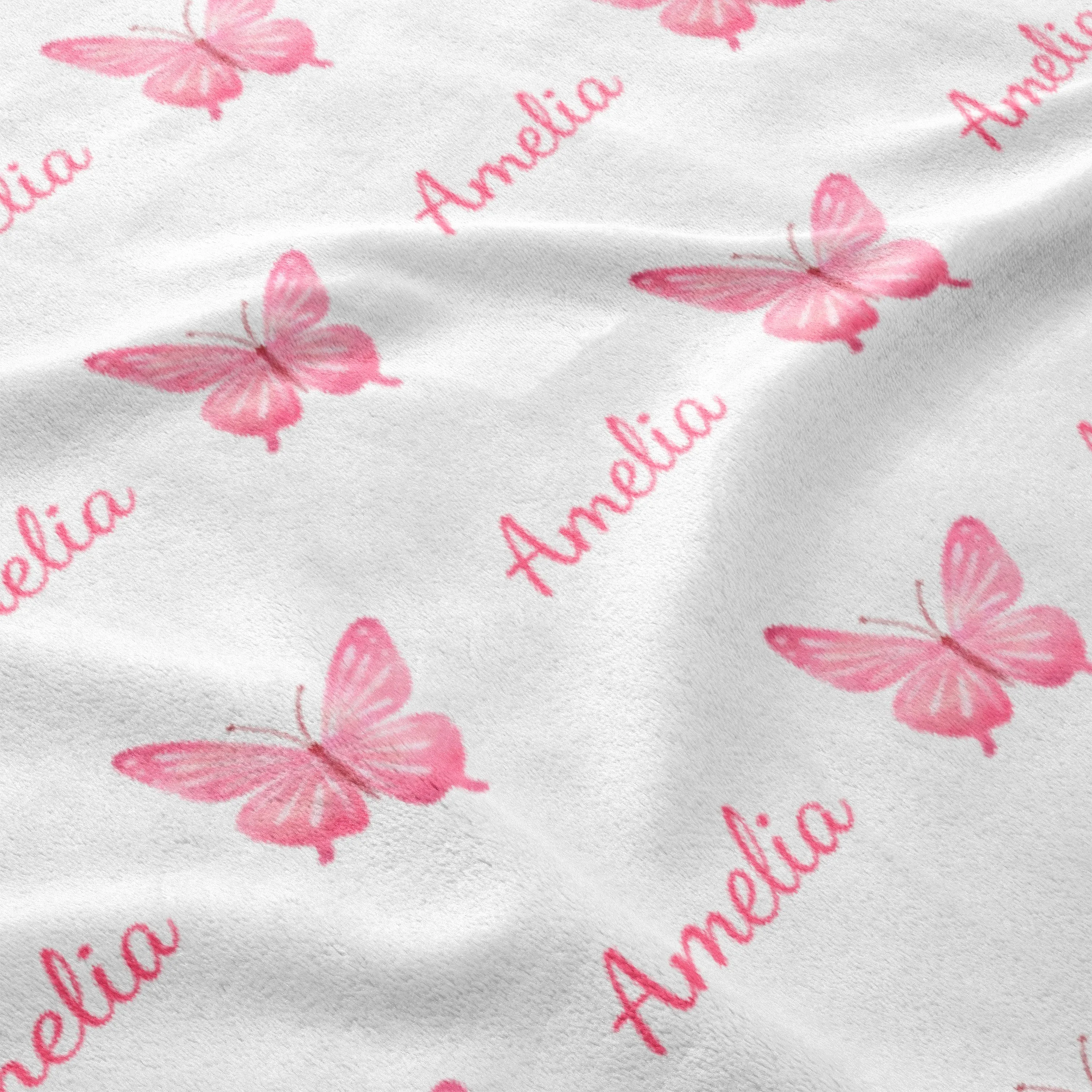 Personalized Pink Butterfly Baby Name Blanket
