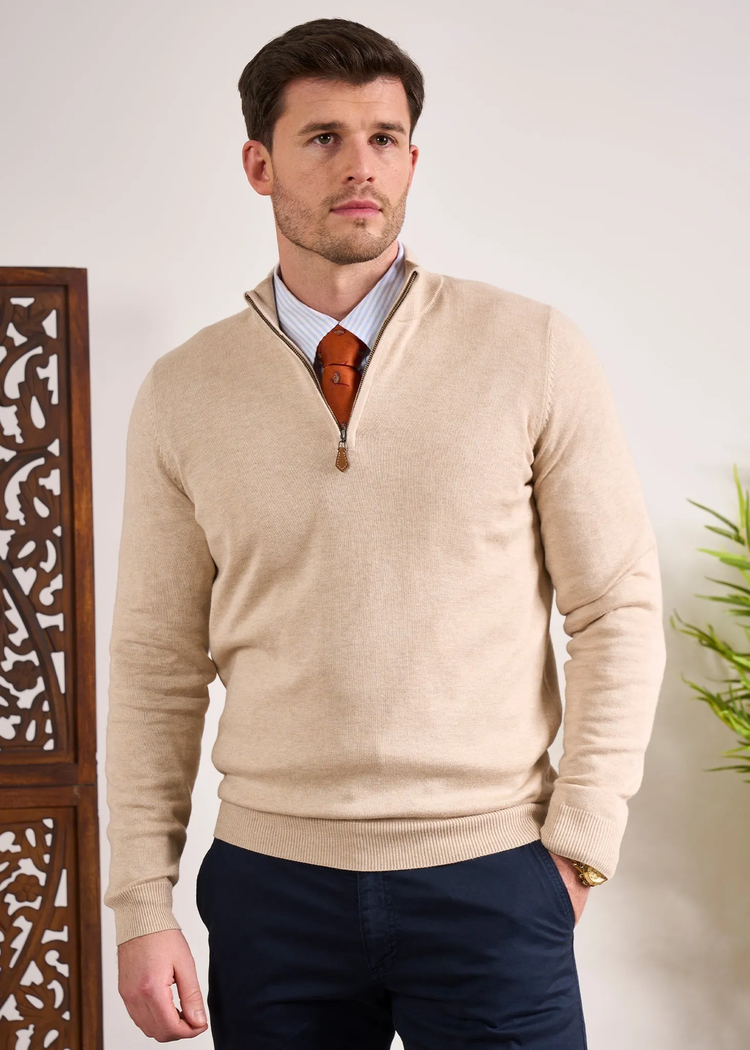Selhurst Cotton Cashmere 1/4 Zip Jumper In Sand