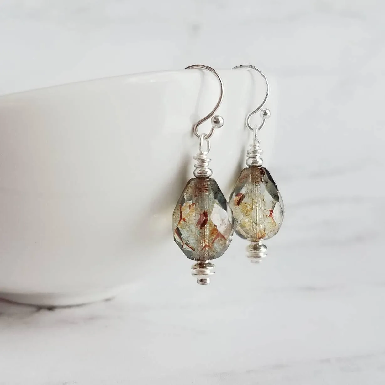 Silver Watercolor Drop Earrings, glass teardrops, tear drop earring, translucent earring, earth tones, brown blue sage moss olive green
