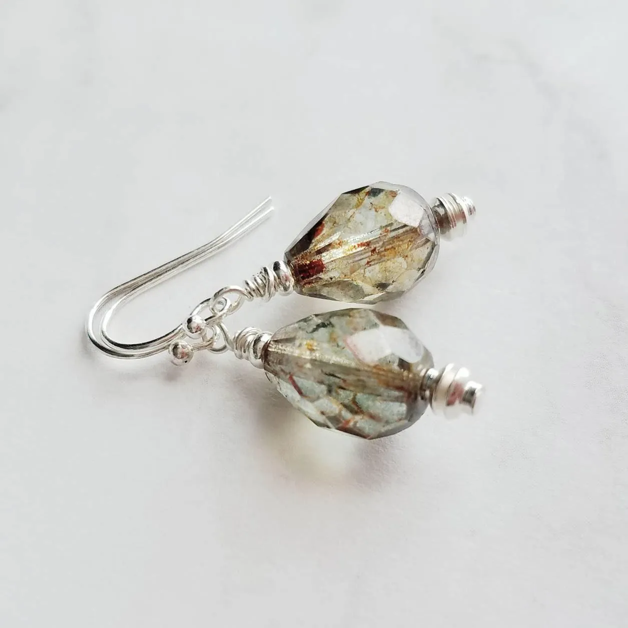 Silver Watercolor Drop Earrings, glass teardrops, tear drop earring, translucent earring, earth tones, brown blue sage moss olive green