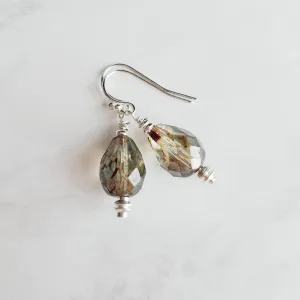 Silver Watercolor Drop Earrings, glass teardrops, tear drop earring, translucent earring, earth tones, brown blue sage moss olive green
