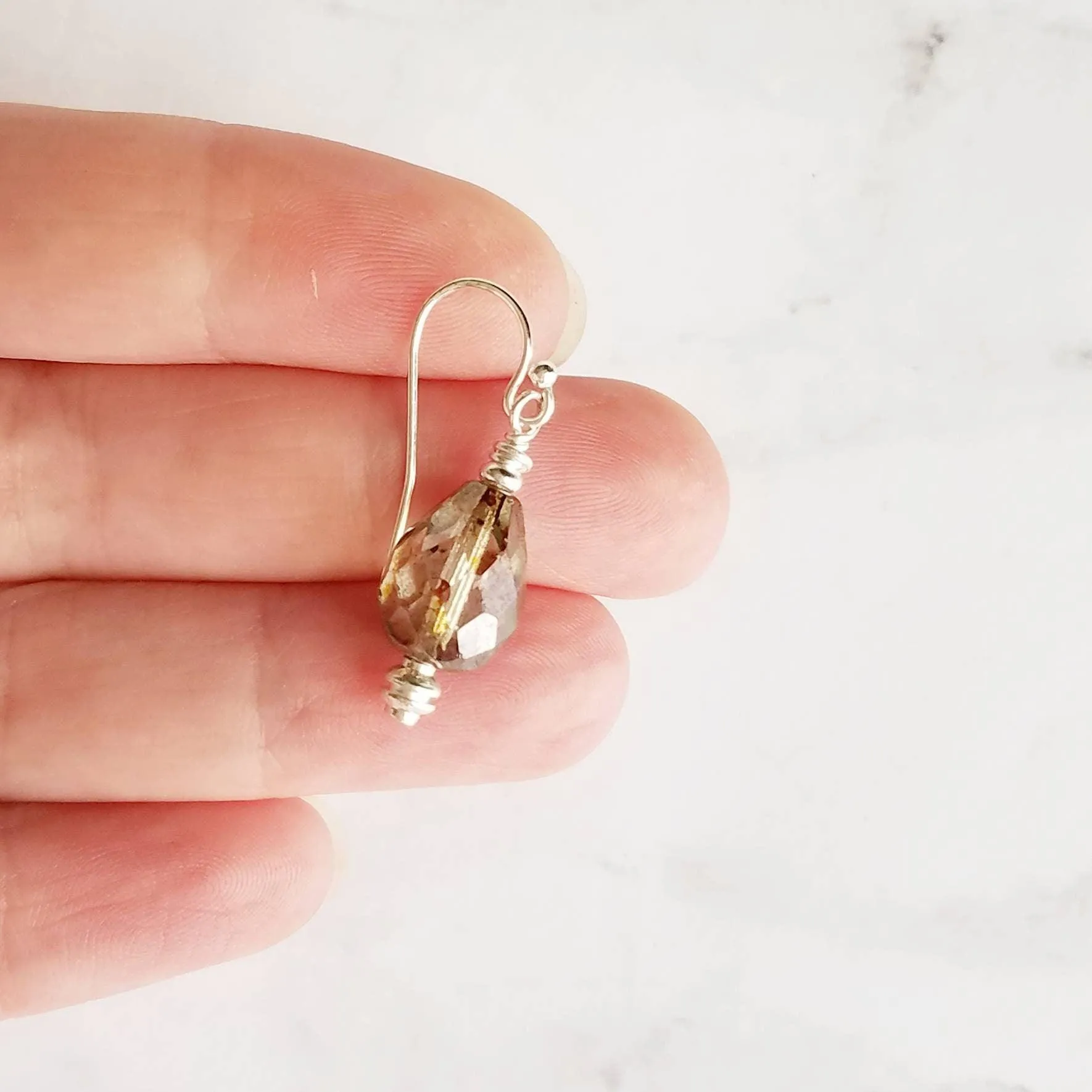 Silver Watercolor Drop Earrings, glass teardrops, tear drop earring, translucent earring, earth tones, brown blue sage moss olive green