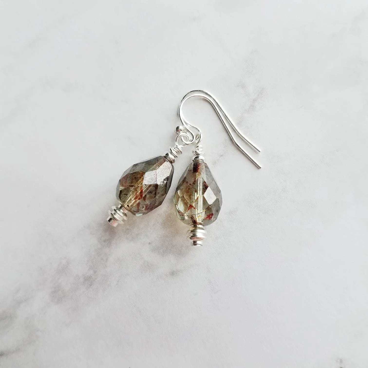 Silver Watercolor Drop Earrings, glass teardrops, tear drop earring, translucent earring, earth tones, brown blue sage moss olive green