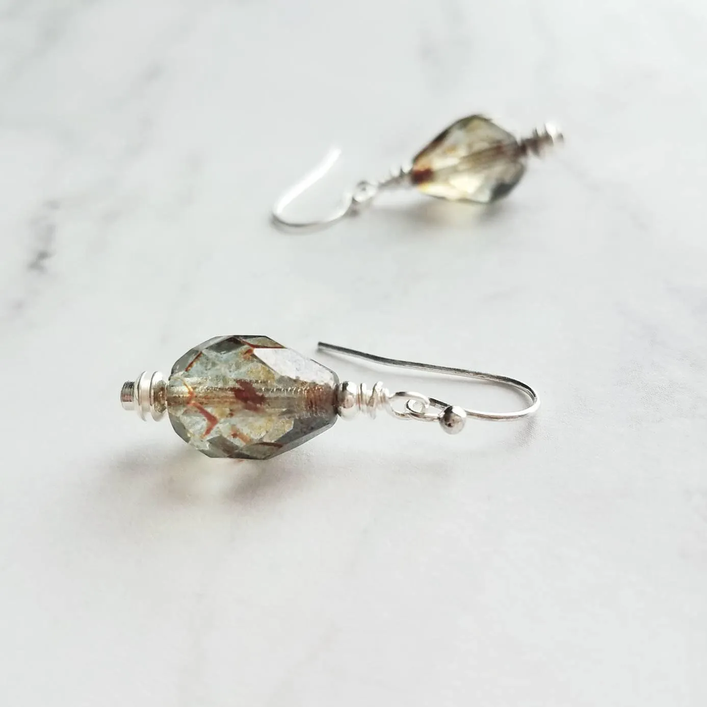 Silver Watercolor Drop Earrings, glass teardrops, tear drop earring, translucent earring, earth tones, brown blue sage moss olive green