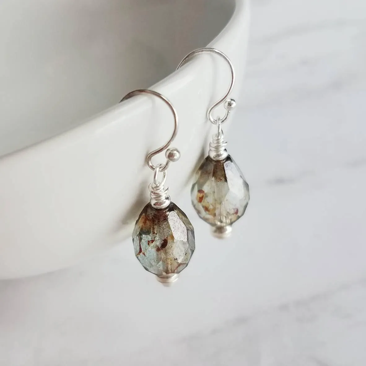 Silver Watercolor Drop Earrings, glass teardrops, tear drop earring, translucent earring, earth tones, brown blue sage moss olive green