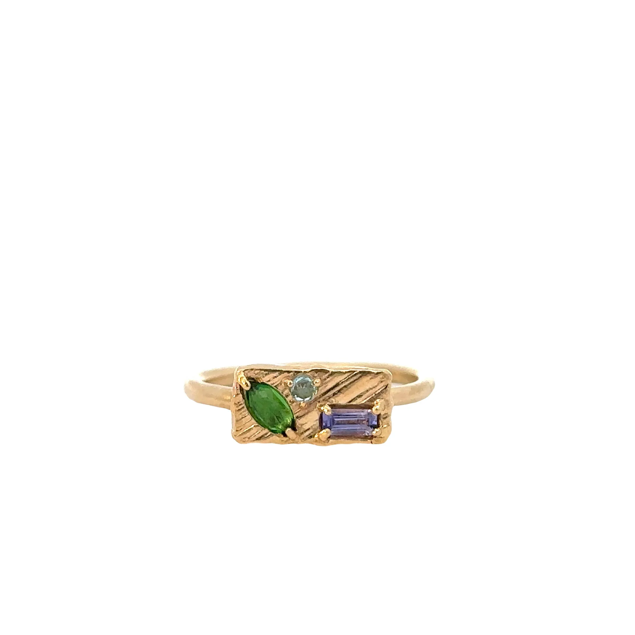 small collage ring - blue topaz   tanzanite   tsavorite garnet