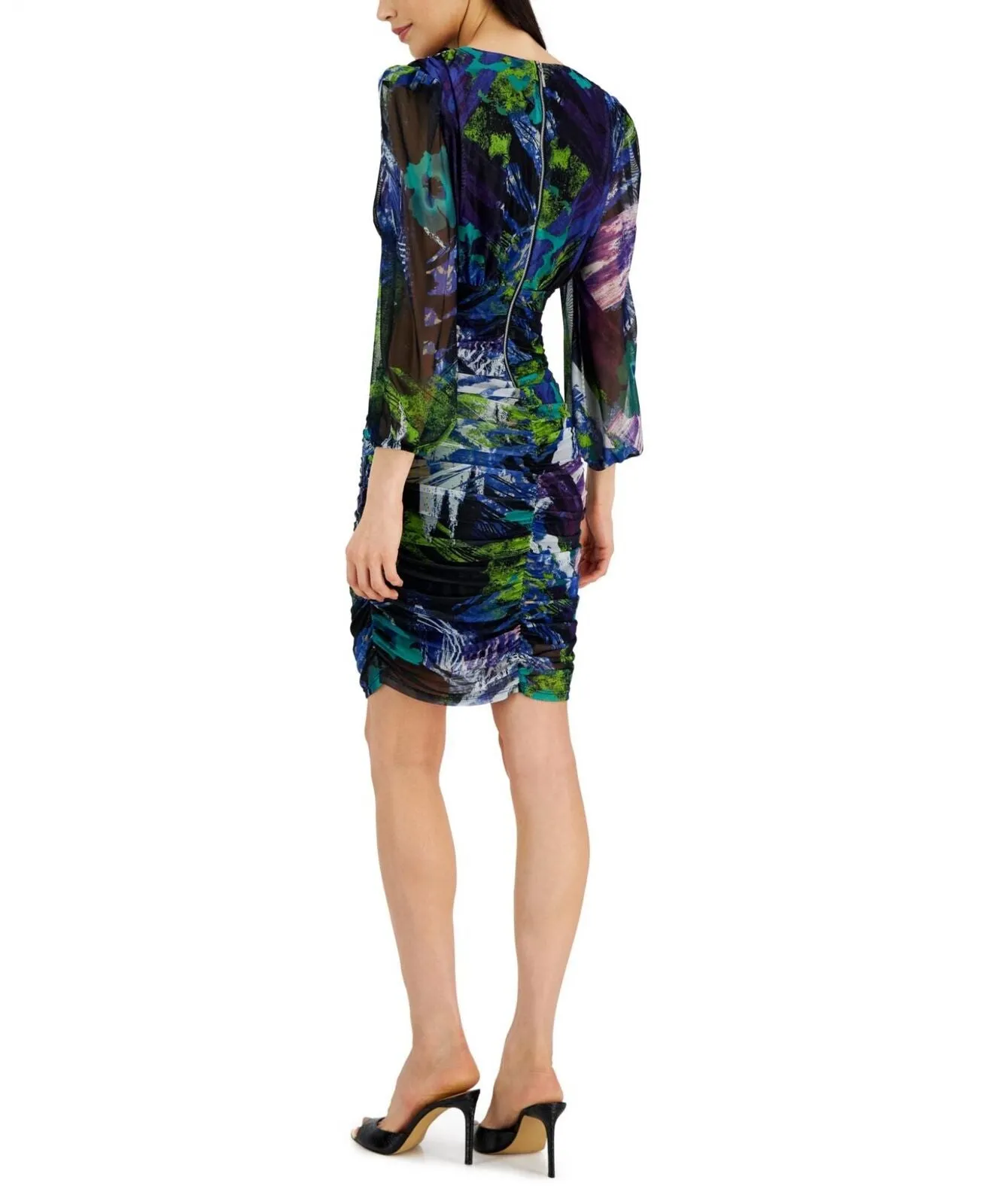 Tahari Asl Women's Printed Long-Sleeve Ruched Mesh Dress 2AM431-T2