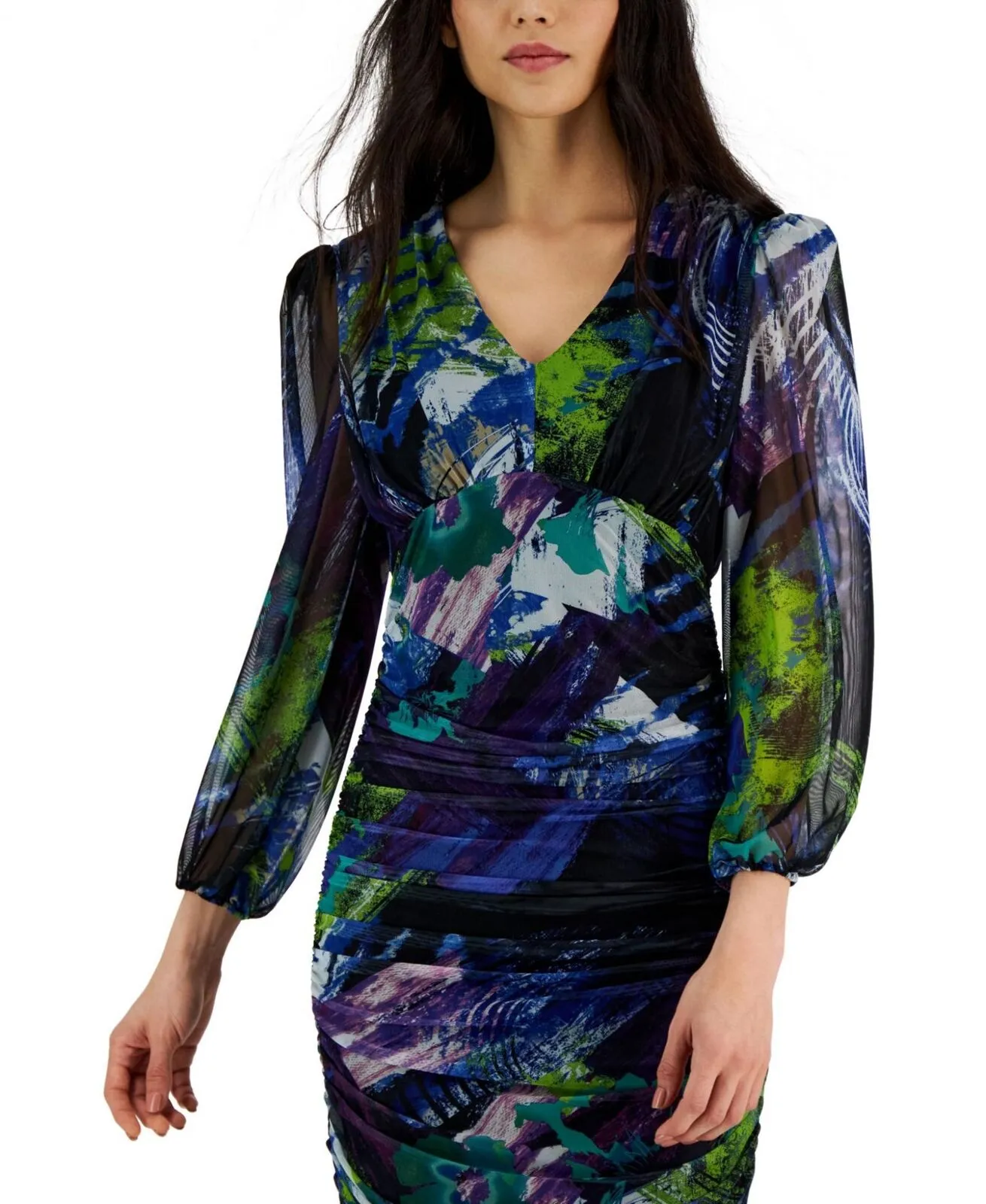 Tahari Asl Women's Printed Long-Sleeve Ruched Mesh Dress 2AM431-T2