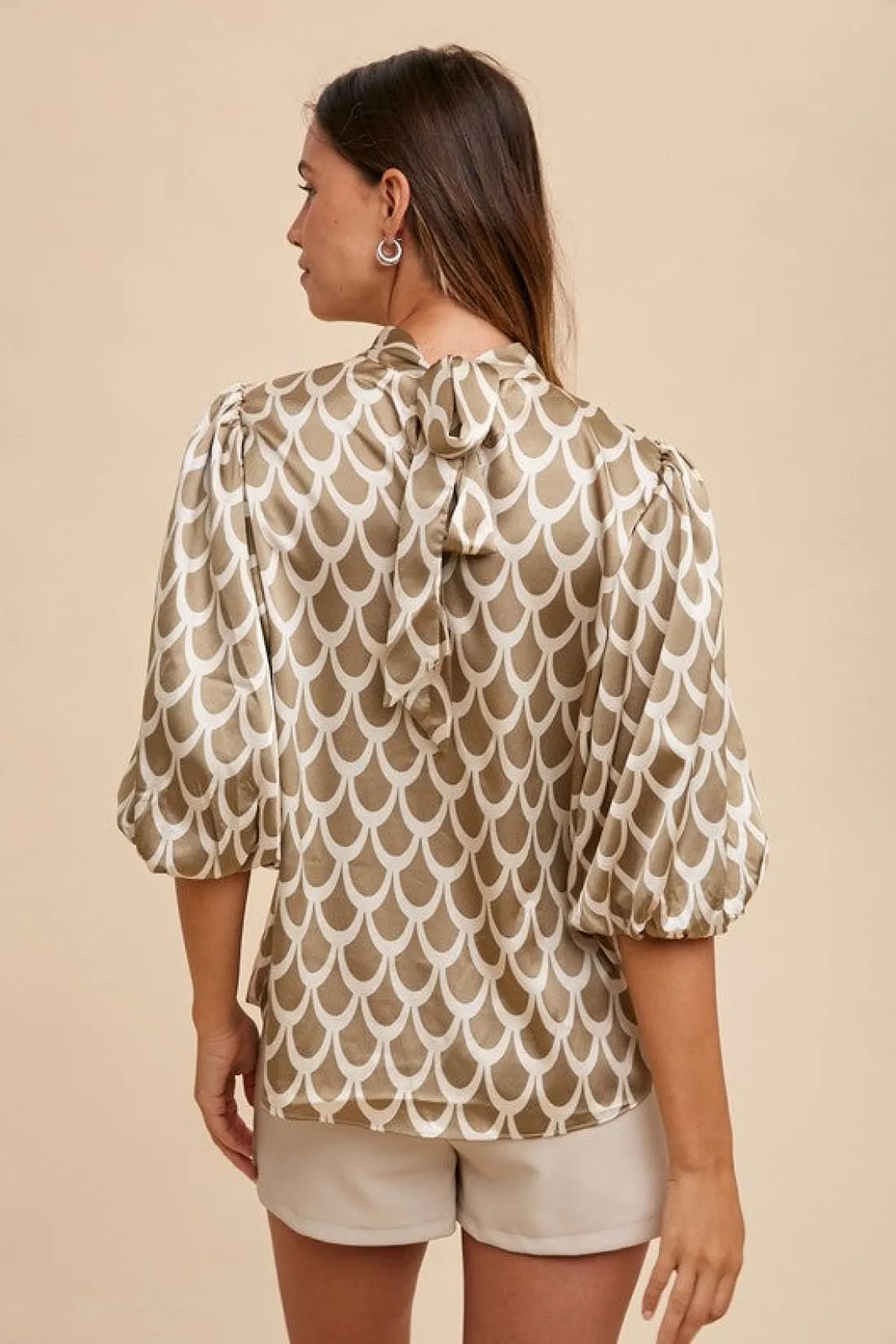 Tie Back Abstract Print Mock Neck Half Sleeve Blouse