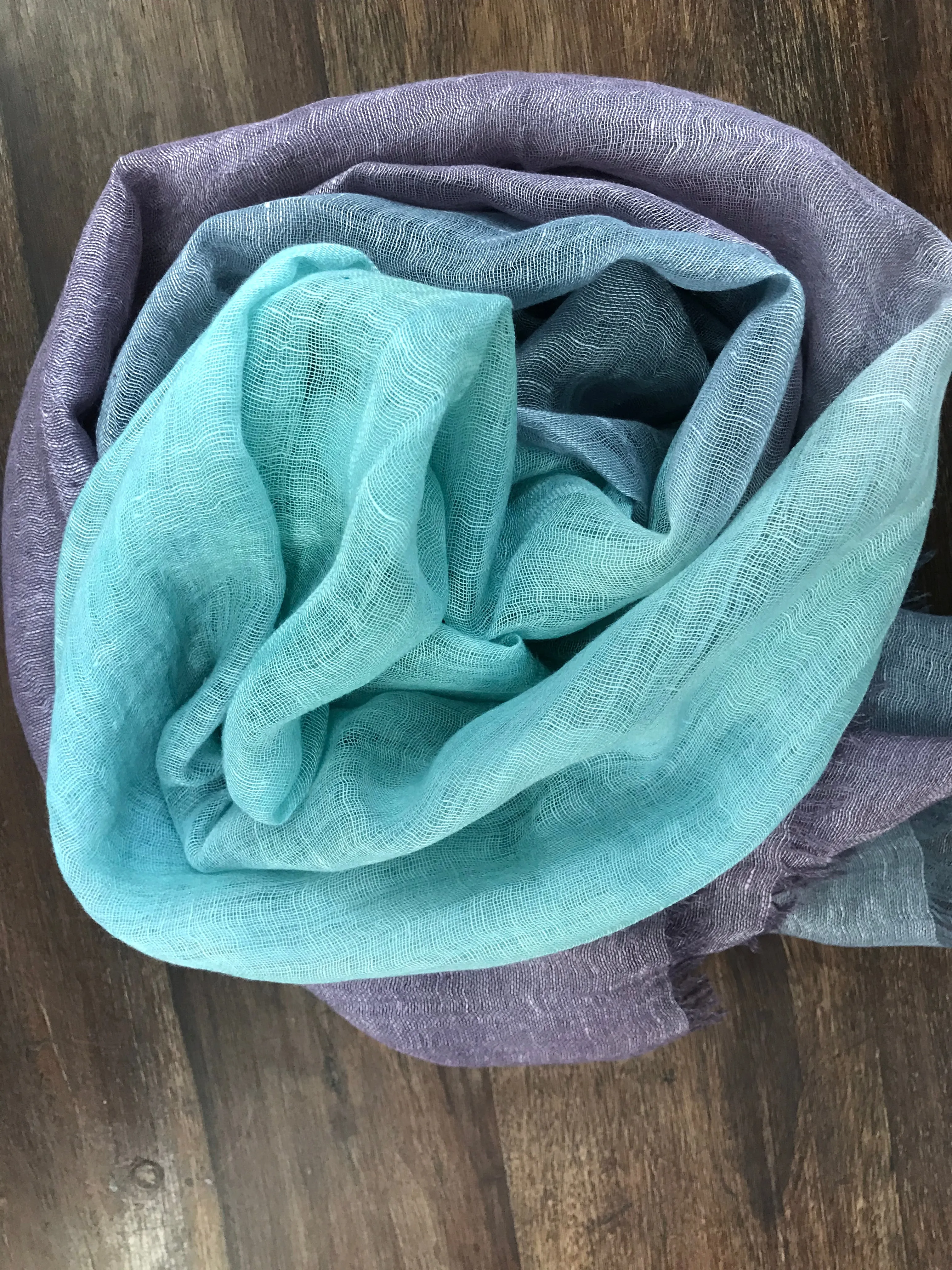 Turquoise Lavender Ombre Silk Linen Cashmere Scarf