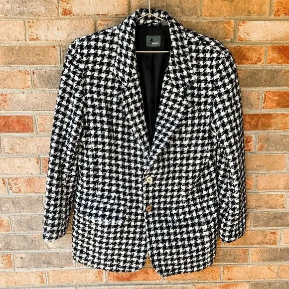 Vintage Liz Claiborne Liz Wear Black White Houndstooth Blend Wool Blend Blazer