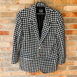 Vintage Liz Claiborne Liz Wear Black White Houndstooth Blend Wool Blend Blazer