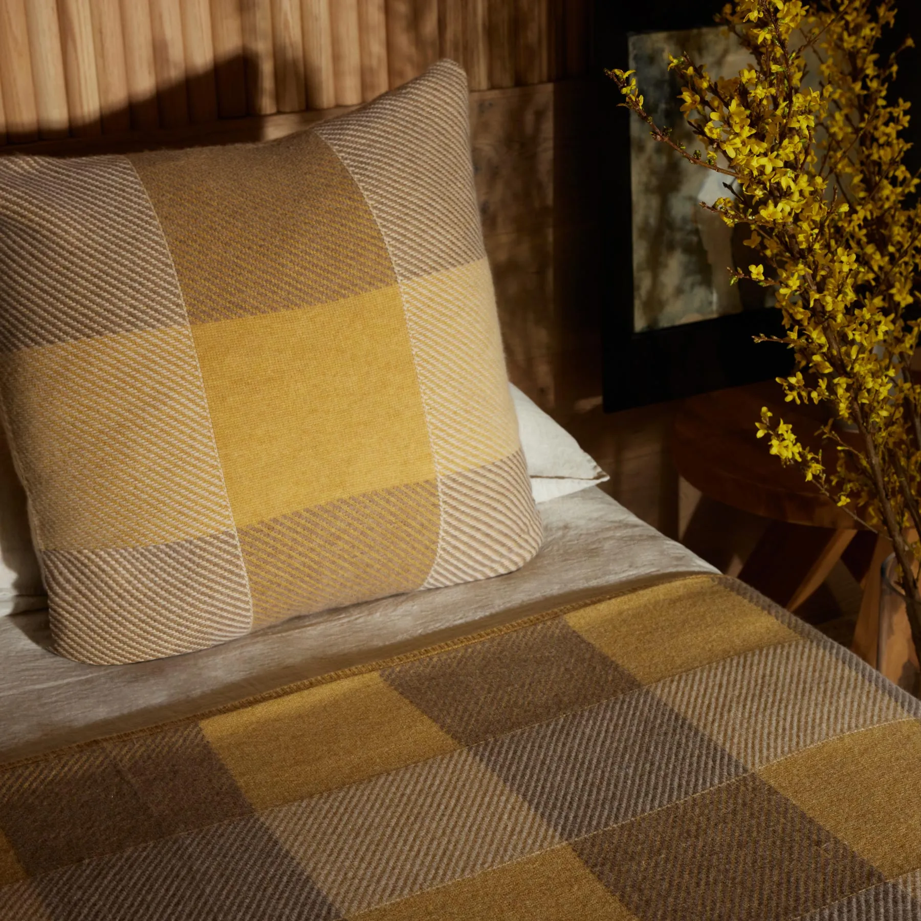 Vintage Plaid Cashmere Blanket - Vintage Yellow/ Flannel/ Ivory